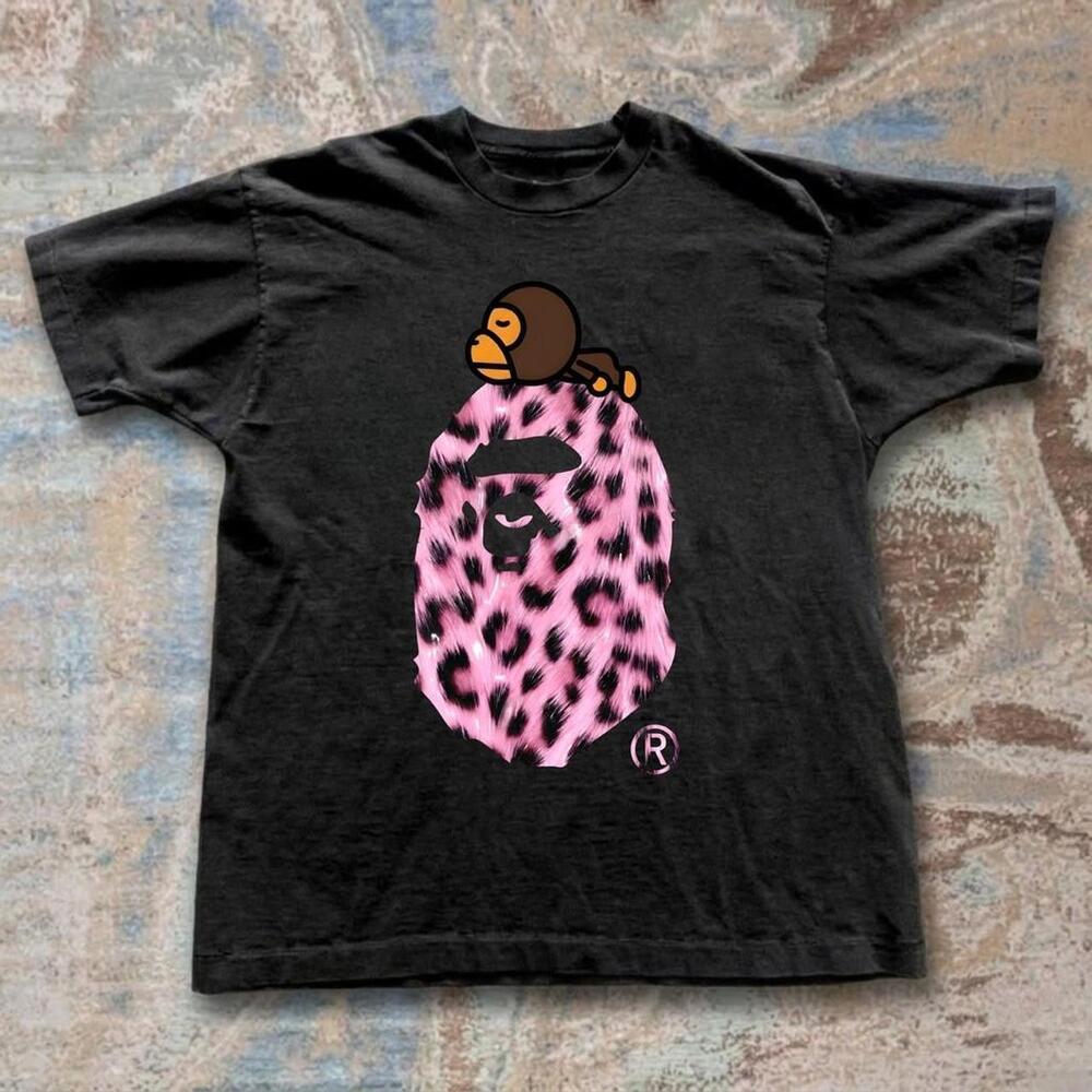 Bape Black & Leopard  T-Shirt With A Small Bird Graphic